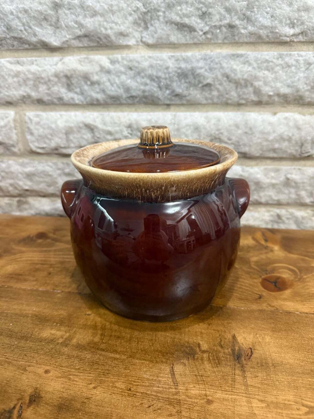 Hull Pottery Bean Pot Soup Casserole Serving Dish Lid Brown Drip Glaze Vtg USA